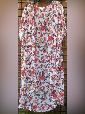 Boutique Floral Open-Front Kimono Top - White with Red & Yellow Floral Print